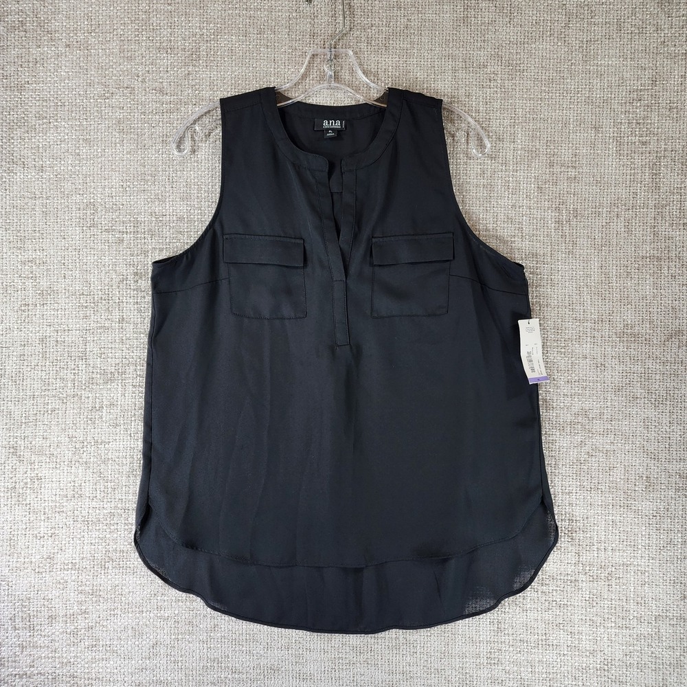 ANA A New Approach Sleeveless V-Neck Blouse Womens PL Petite Black Hi-Low NEW